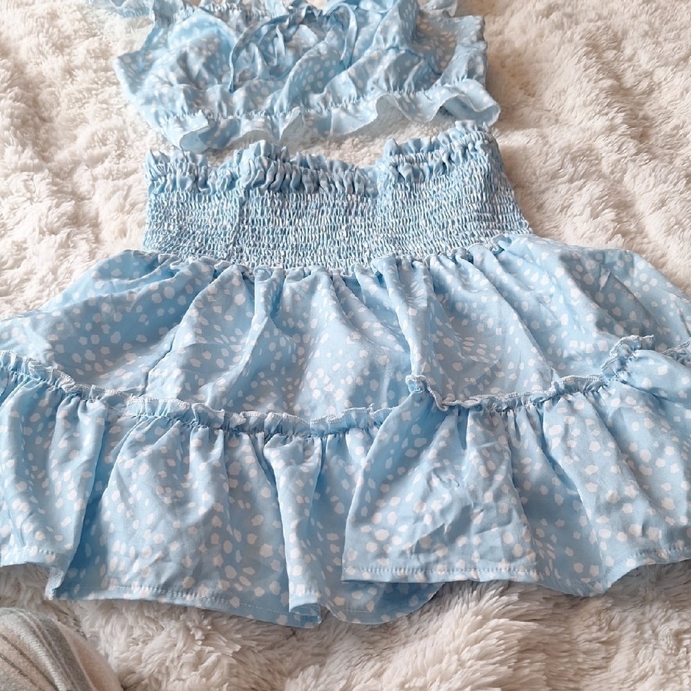 Light Blue Ruffled Two-Piece Set w/ Charming White Pattern BNWOT Size M - Picture 5 of 7